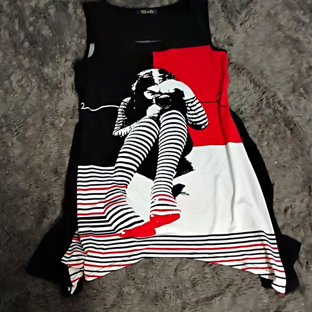 Bali Women’s S Black Red White Striped Sleeveless Sundress Knee Length
